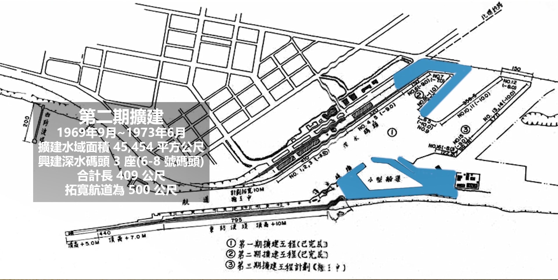 花蓮港>第二期擴建工程：擴建水域面積，興建深水碼頭三座(6-8號碼頭)，拓寬航道500 公尺，年吞吐量達一百十萬噸。