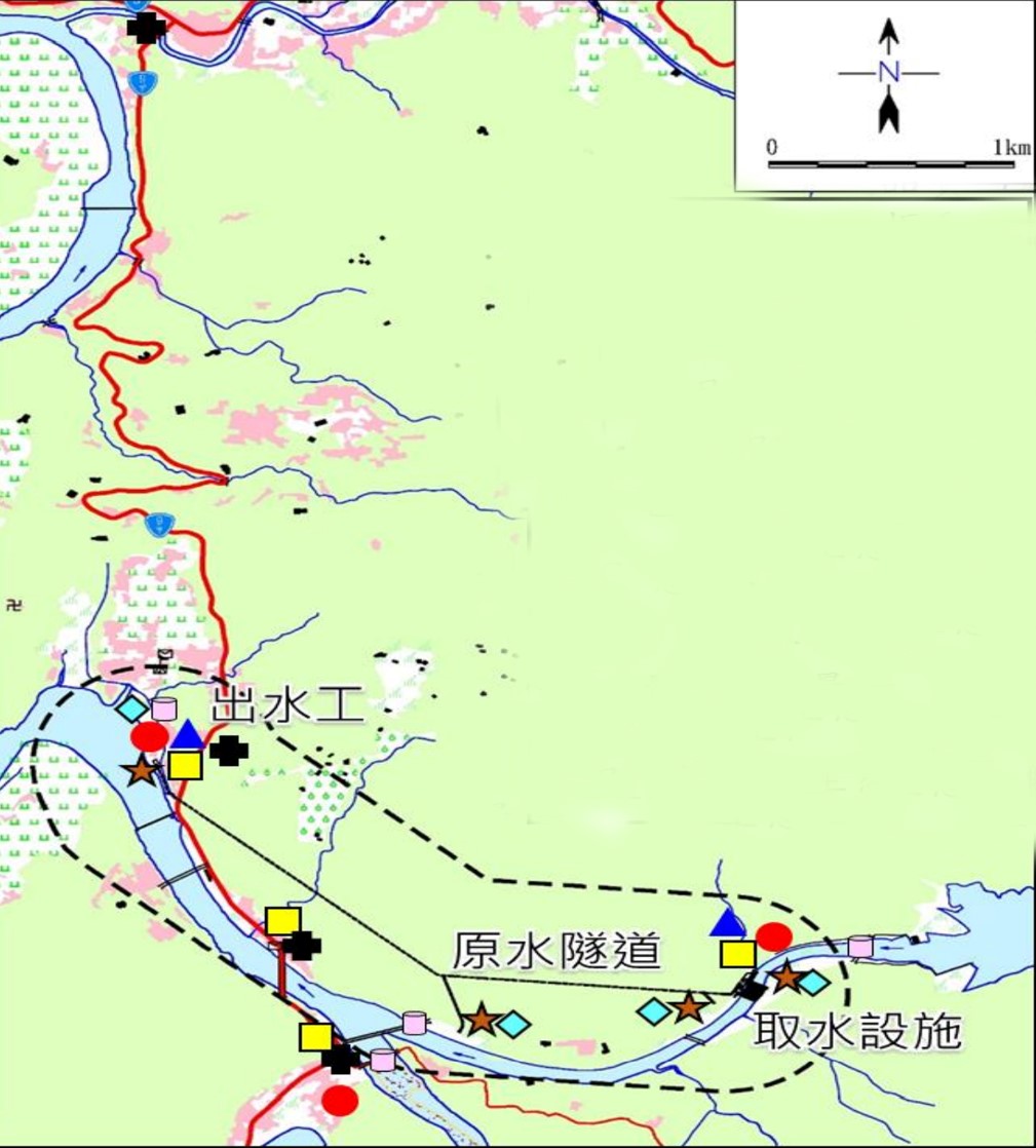 公共給水大台北區翡翠原水隧道與取水設施及出水工相關位置示意圖。