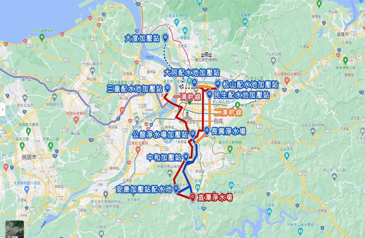 公共給水大台北區直潭淨水廠各地區配水池及加壓站