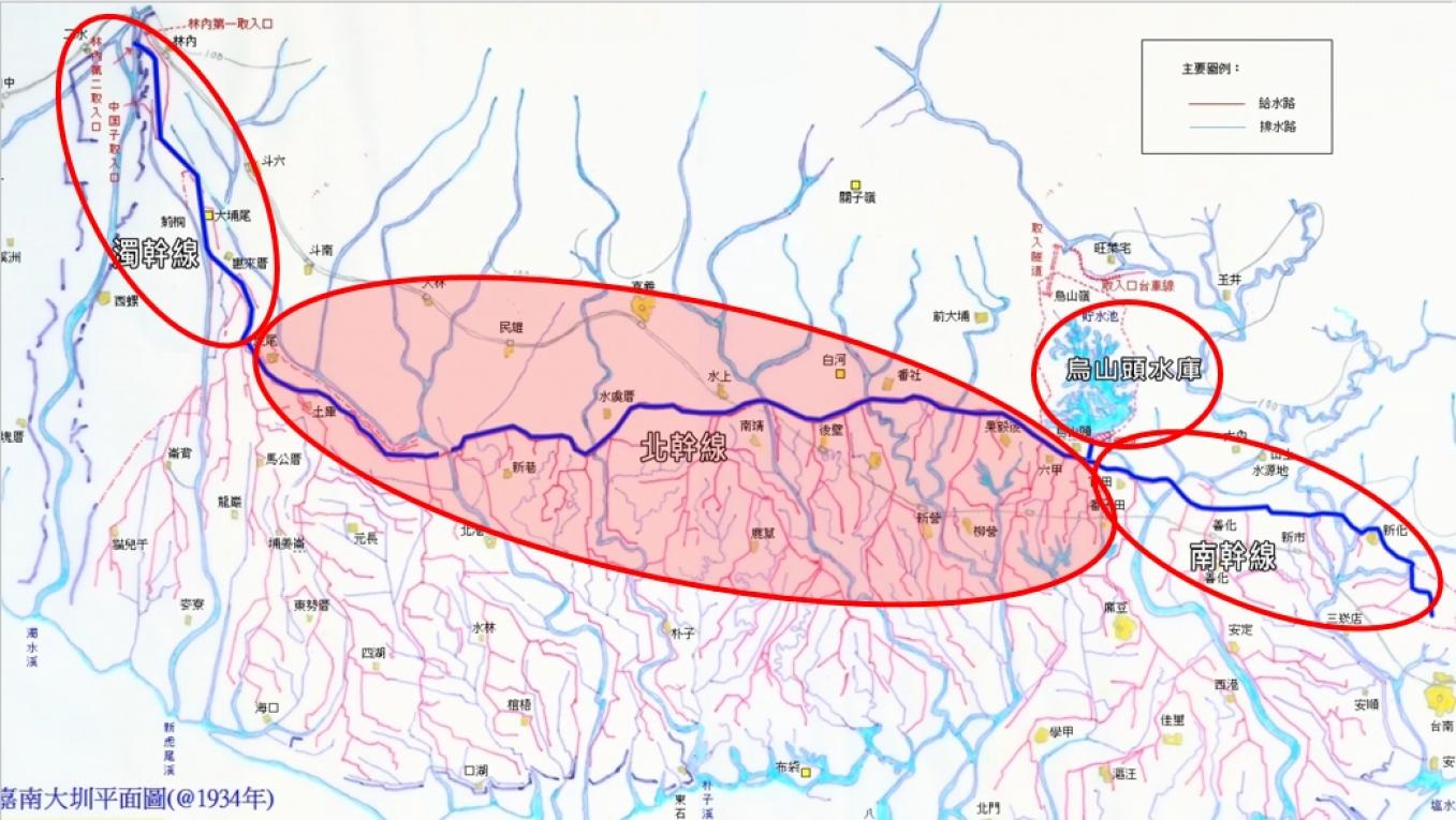與日月潭水力發電計畫同時的嘉南大圳三大幹線流域圖