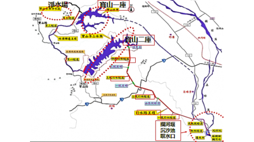 寶山淨水場的水源取自頭前溪上游之上坪溪，在竹東鎮燥樹排設上坪溪攔河堰引水，經沉砂池降低濁度後，分別經竹東圳導水路引入寶山水庫，以及經寶二導水渠道引入寶二水庫蓄存並聯運用，再經由此二水庫水源聯通管，將原水送至寶山淨水場，提供新竹科學園區工業及民生用水。