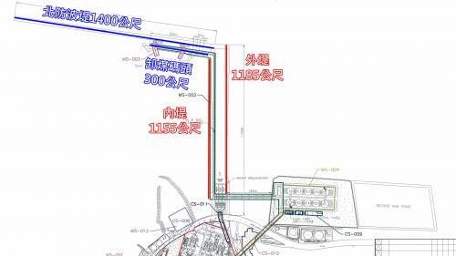 林口電廠卸煤碼頭內堤、外堤長、北防波堤及卸煤碼頭長度標示