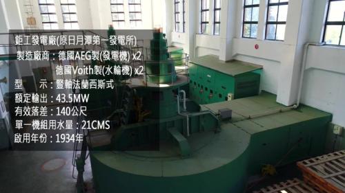 鉅工電廠內設有兩部豎軸法蘭西斯式水輪發電機，每部21.75MW，總裝置容量為43.5MW。