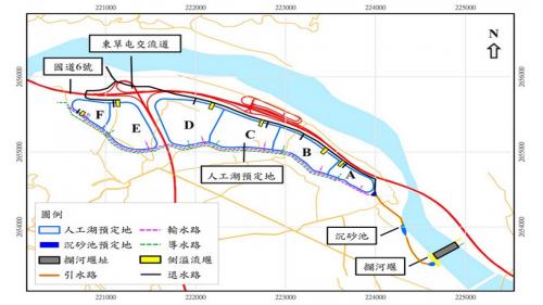 工程主要項目包括攔河堰、排砂道、魚道、進水口、引水渠道、沉砂池、巴歇爾量水槽、分水工及人工湖區等部分。