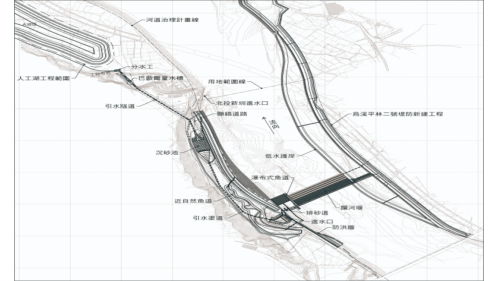 主要工程項目包括攔河堰、排砂道、魚道、進水口、引水渠道、沉砂池、巴歇爾量水槽、分水工及人工湖區等部分。