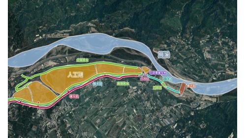 主要工程項目包括攔河堰、排砂道、魚道、進水口、引水渠道、沉砂池、巴歇爾量水槽、分水工及人工湖區等部分。