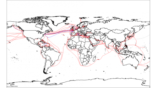 2007年世界各地海底電纜分布圖。