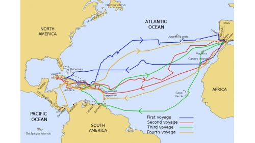 492年到1503年間哥倫布從西班牙到美洲的4次航行路線圖