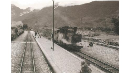 林榮車站位於溪口車站和南平車站之間，東線鐵道在壽豐溪迂迴上遊河道狹窄處過河，在平林聚落旁設立平林停車場。1962年因車站位於林榮里，更名林榮，1982年東線鐵路拓寬，舊站隨路線截彎取直後廢止。照片中的載貨火車正在等載客火車通過林榮車站，載滿甘蔗的蒸汽機車司機員坐在鐵道旁等待。
 