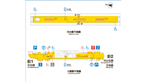 台北捷運淡水線高架段士林站(R16)月台層及各出口相關平面圖