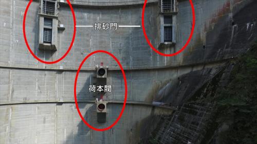 五座固定輪閘門（寬 11 公尺、高 4.5 公尺）控制溢流直落式。 溢洪道兩各側設排砂道一門，標高1300~1310公尺處設上下兩門放水口，有環滑閘門及何本閥。
 