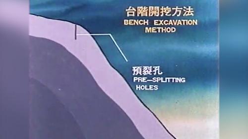  施工人員沿開挖邊線每隔50-60公分，短斜深大約為7-8公尺的預裂孔。在整排預裂孔中，每兩孔僅一孔裝置預裂爆材，另孔空置，而在榫槽區內平面上，前後左右每隔約1.5-2公尺處，鑽一同深度的孔，稱爆破孔，由上而下逐階爆破開挖。
