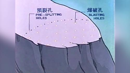  施工人員沿開挖邊線每隔50-60公分，短斜深大約為7-8公尺的預裂孔。在整排預裂孔中，每兩孔僅一孔裝置預裂爆材，另孔空置，而在榫槽區內平面上，前後左右每隔約1.5-2公尺處，鑽一同深度的孔，稱爆破孔，由上而下逐階爆破開挖。