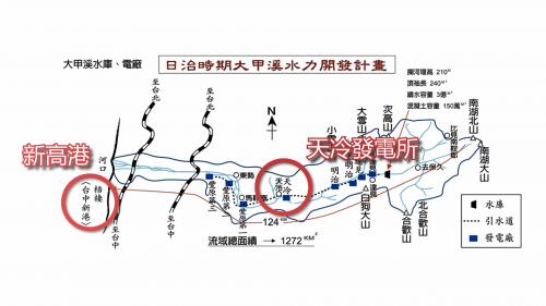 台中港>日治時期天冷發電所與新高港相對位置：為支援「南進政策」的「帝國戰爭」，新高港市的建設藍圖，以新高港為吞吐港，修築鐵運送物資，所需電力即由天冷發電所供應。