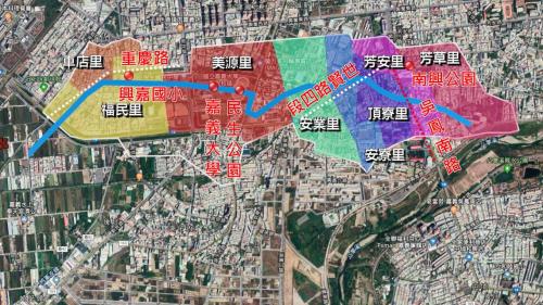 道將圳主幹線流域灌溉範圍：道將圳灌溉嘉義市芳草里(角仔寮)、南興公園，過吳鳳南路斜穿越世賢路四段，沿著溶劑場一路來到民生公園、嘉義大學，過了新民路就伴著重慶路旁的興嘉國小。