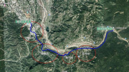 白冷圳自進水口到終點新五村圓堀分水池的行經路線