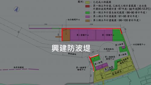 台北港第二期工程第一個五年計畫(1997年~2001年)興建防坡堤工程圖(總長3810公尺)