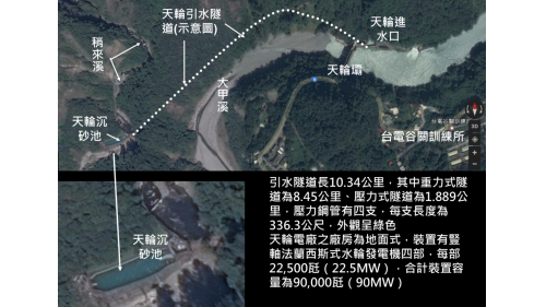 天輪進水口、引水隧道、沉砂池相關位置圖