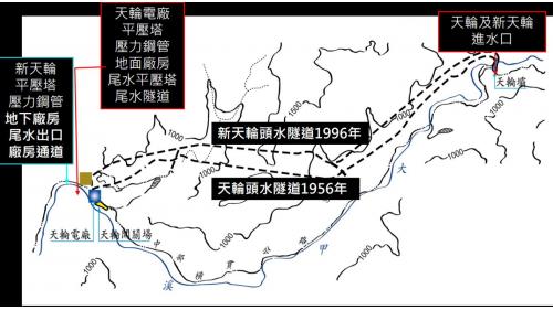 新天輪水力發電計畫跨大甲溪中下游段，進水口設於現有天輪壩上游約100公尺，經一條約10,566公尺之壓力隧道至天輪電廠下游約200公尺新建之地下電廠發電。裝置容量為105MW，1996年營運。