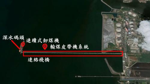 興達電廠之外海卸煤碼頭長310M，裝設有2部連續式卸煤機，連絡棧橋則長2190M，裝設有2條輸煤皮帶。