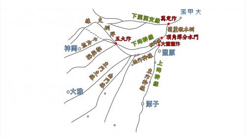 葫蘆墩圳各重要的分流點，萬定汴、頂角潭分水門、大鴛鴦汴及五大汴，及其支流下溪洲圳、下埤圳及上埤圳等的分佈。