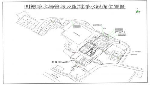  明德淨水場於1976年興建完成，位於苗栗頭屋鄉，主要水源為明德水庫，出水量為每日45,000噸，供應大坪及苗栗地區居民用水。